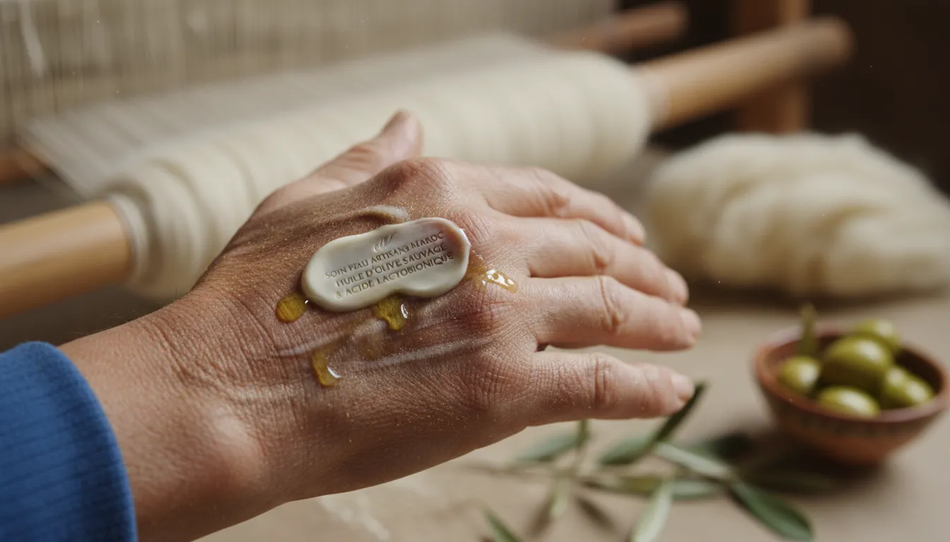 An image illustrating Soin cutané innovant pour les artisans tisserands du Moyen Atlas exposés à la poussière fine grâce à l'huile d'olive sauvage, enrichie en acide lactobionique