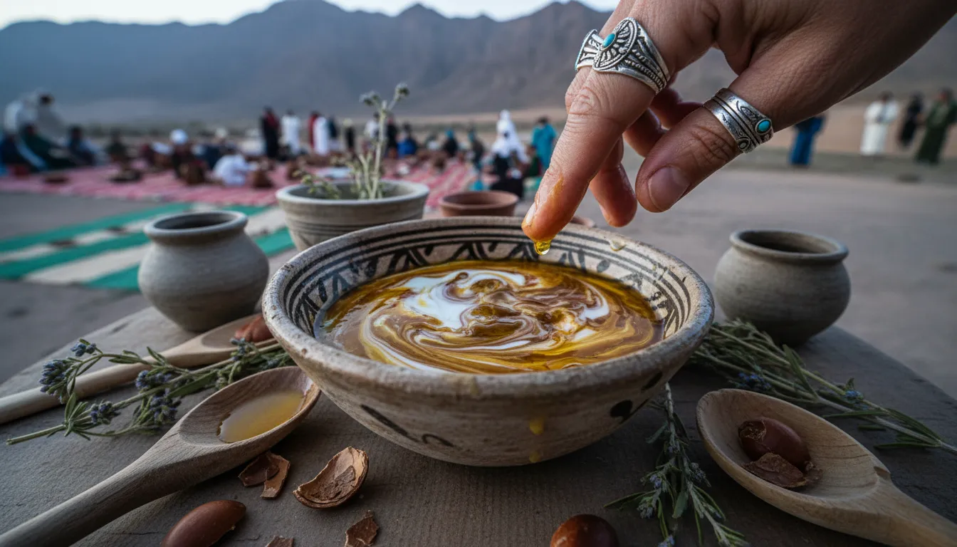 An image illustrating Les soins de la peau pour les habitants des montagnes de l'Atlas préparant le Moussem d'Imilchil avec l'argan fermenté et les peptides anti-inflammatoires